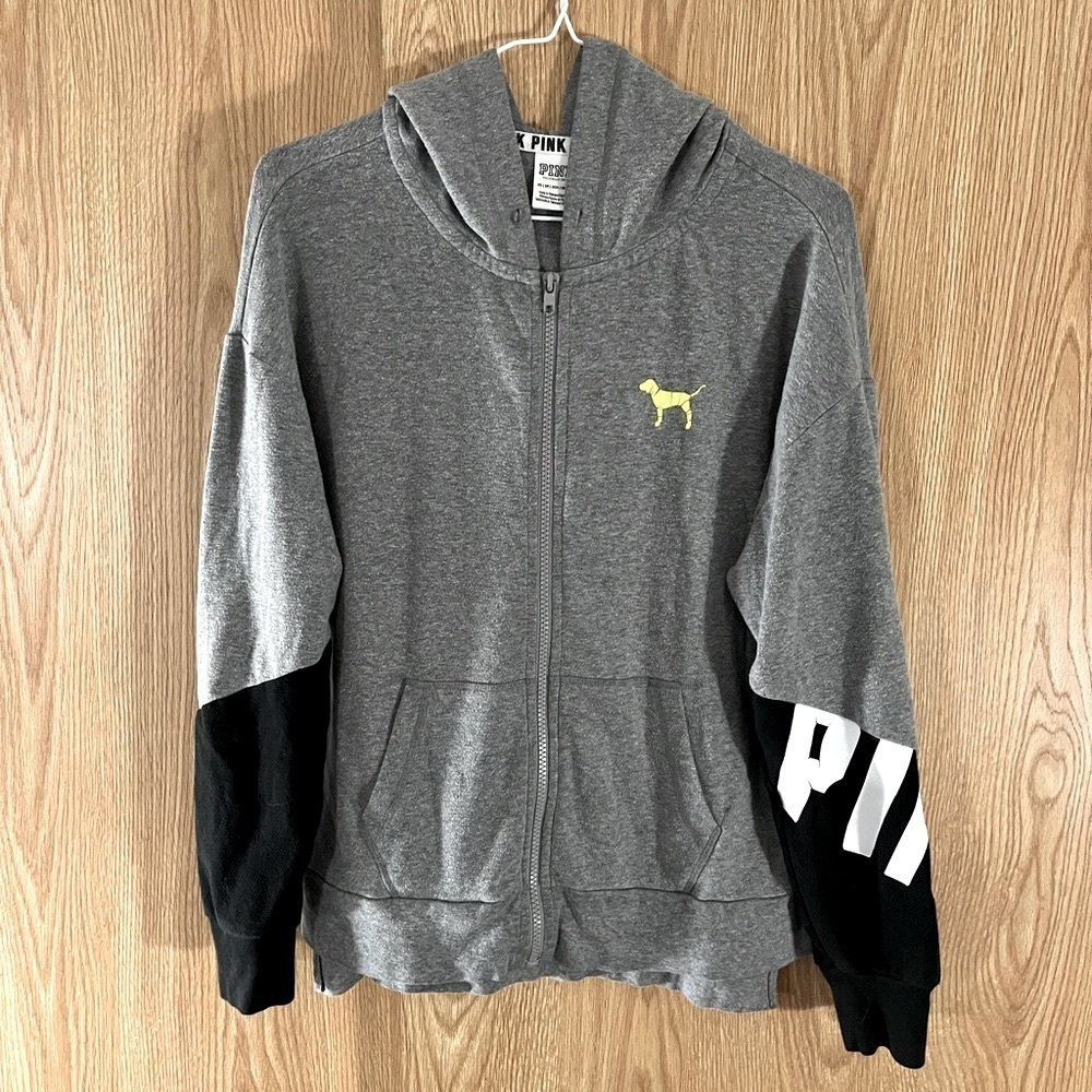 VS PINK Gray/Black Cropped Oversized Hoodie Sweatshirt Full Zip Jacket